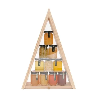 Coffret sapin en bois avec 8 miels, 1 pot de pollen et 1 de pastilles au miel.