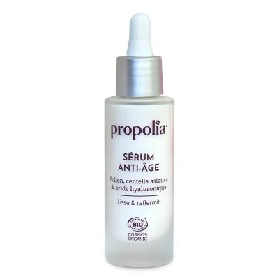 Flacon de 30 ml du sérum anti-âge Propolia certifié Bio - Pollen, centella asiatica & acide hyaluronique
