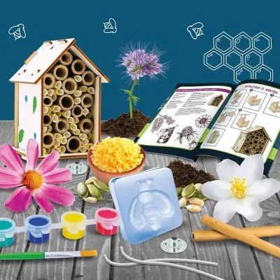 Contenu du kit Laboratoire des abeilles : hôtel à abeilles, cire, graines et expériences
