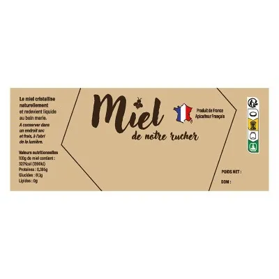 Étiquette miel kraft 154x60 mm – mention “Miel de notre rucher” – lot de 100 étiquettes