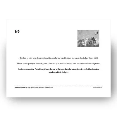 Extrait du kamishibaï "Une goutte de miel en été" - lecture participative autour d’une abeille qui butine les fleurs d’été.