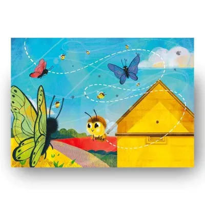 Planche du kamishibaï "Une goutte de miel en été" - la petite abeille rencontre papillons et fleurs près de la ruche.
