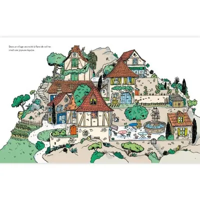 Illustration intérieure du livre "Mielours et les abeilles" : un charmant village de campagne où se déroule l’histoire.