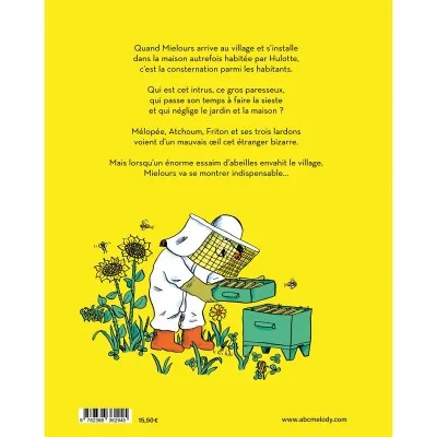 Quatrième de couverture de "Mielours et les abeilles" : présentation de l’histoire et illustration de Mielours en apiculteur.