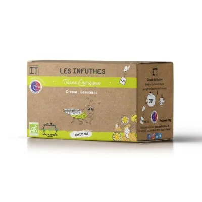 Boîte de Tisane Énergique bio citron & gingembre Les Infuthés. Infusion tonifiante naturelle idéale avec une touche de miel.