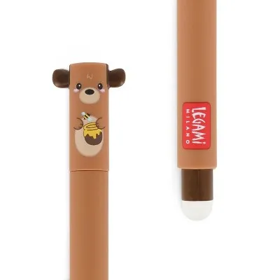 Détail stylo ours Legami : capuchon ourson avec pot de miel et embout gomme thermique.
