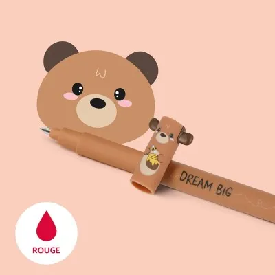 Stylo ours Legami à encre rouge effaçable – capuchon ourson, pointe fine 0,7 mm, gomme blanche intégrée.