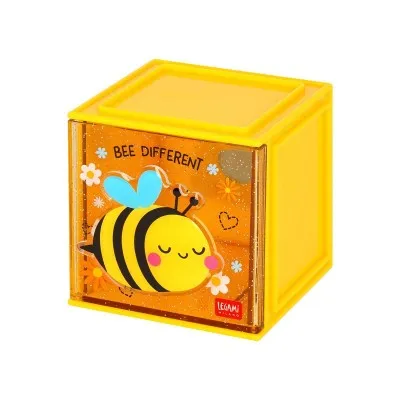 Cube organisateur de bureau abeille Legami - avec décoration scintillante et motif d'abeille souriante.