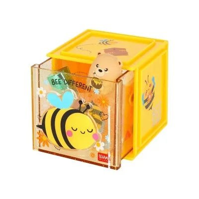Cube organisateur de bureau Legami Abeille ouvert, contenant stylos et accessoires de papeterie.