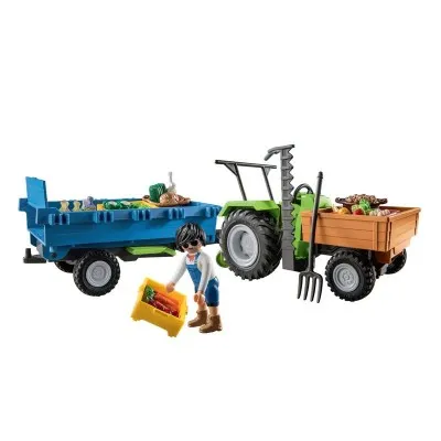 Playmobil tracteur vert avec remorque et figurine de fermier - transport de fruits et légumes fraîchement récoltés.