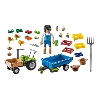 Contenu complet du set Playmobil Tracteur avec remorque : figurine, fruits, légumes, outils et accessoires de ferme.