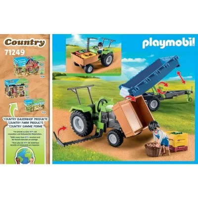 Présentation du tracteur Playmobil Country avec remorque basculante et accessoires de récolte agricole.