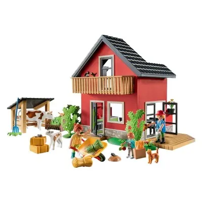 Playmobil Petite ferme avec maison rouge, figurines, animaux de la ferme et accessoires réalistes.