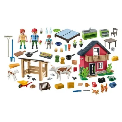 Contenu complet du set Playmobil Petite ferme : figurines, animaux, outils agricoles, meubles et accessoires.