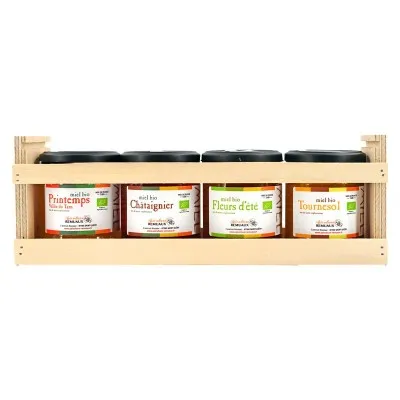 Coffret en bois avec 4 pots de miel bio de 250g - Apiculture Remuaux