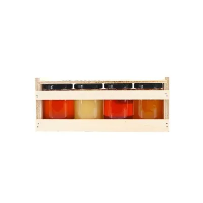 Coffret bois 4 pots de miel bio 125g - Tournesol, Printemps, Châtaignier, Fleurs d’été