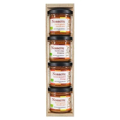 Coffret dégustation nonnettes bio au miel, fourrées au chocolat, crème de marron et orange.