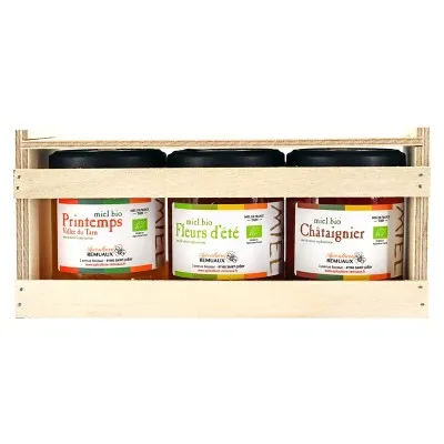 Coffret en bois 3 pots de miel bio 250g - Printemps, Été et Châtaignier - Apiculture Remuaux