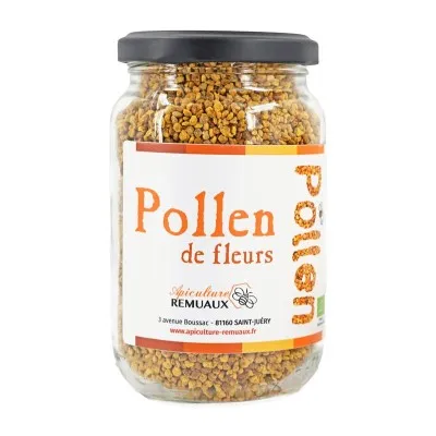 Pot de 250g de pollen de fleurs bio Apiculture Remuaux, produit naturel récolté dans le Tarn.