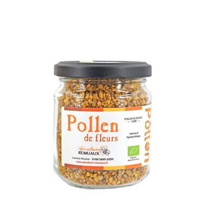 Pot de 125g de pollen de fleurs bio Apiculture Remuaux, récolté dans le Tarn, produit naturel riche en protéines et vitamines