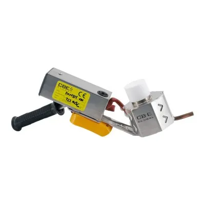 Vue latérale du CBE Handy OX portatif avec support jaune pour batterie