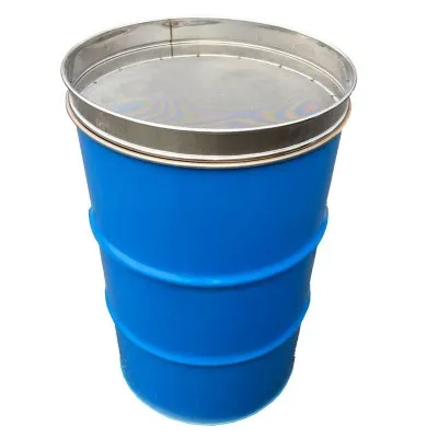 Tamis inox diamètre 565 mm posé sur fût métal de miel 300 kg