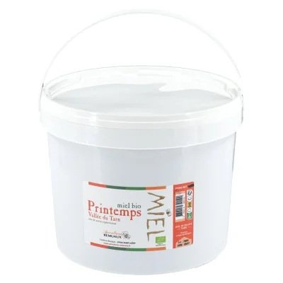 Seau 5 kg miel fleurs de printemps BIO – miel doux et tartinable