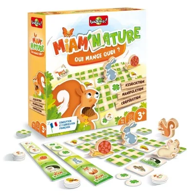 Matériel du jeu Miam’Nature Bioviva avec tuiles, garde-manger, jetons Aliment et pions animaux en bois Matériel du jeu Miam’Nature Bioviva avec tuiles, garde-manger, jetons Aliment et pions animaux en bois