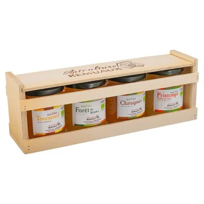 Coffret en bois fermé avec 4 pots de miel bio de 250g - Apiculture Remuaux