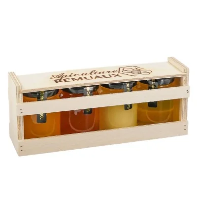 Coffret bois fermé avec 4 pots de miel bio 125g - Tournesol, Printemps, Châtaignier, Fleurs d’été